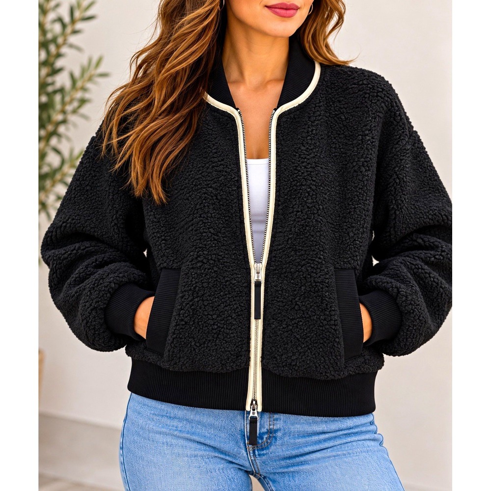 Varley Hansley Womens Bomber Jacket XS Black Fleece Full Zip Pockets VAR02685